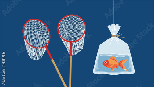 Two red fishing nets and a small goldfish swimming inside a transparent plastic bag filled with water on a dark blue background.