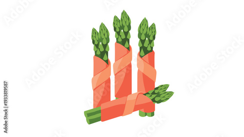 Five bundles of green asparagus spears wrapped in thin slices of pink ham or prosciutto, creating a delicious appetizer illustration.
