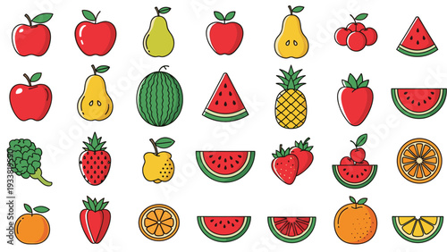 Large grid containing various fruit icons such as apples, pears, watermelons, strawberries, and oranges in different styles and cuts.