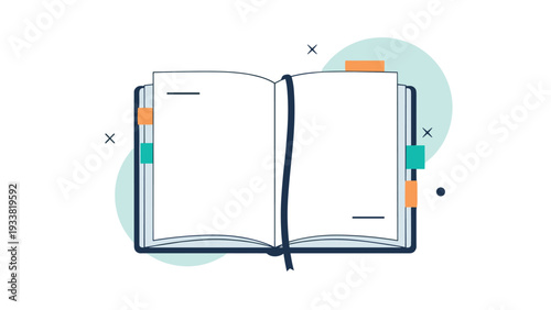 Open notebook with blank white pages and colorful sticky tabs on the sides, featuring a bookmark and minimalist design elements.