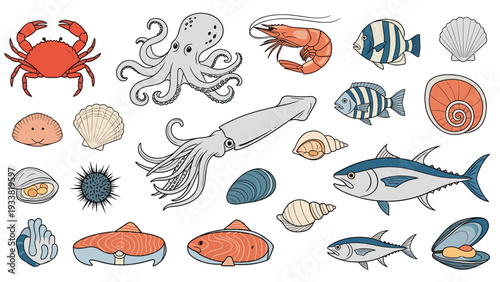 Large collection of various seafood items including crab, octopus, shrimp, fish, squid, and different types of shellfish and clams.