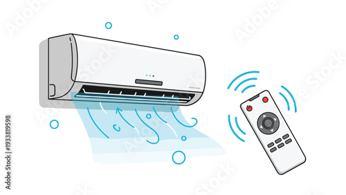 Modern white air conditioning unit mounted on a wall blowing cool air, accompanied by a remote control icon with signal waves.