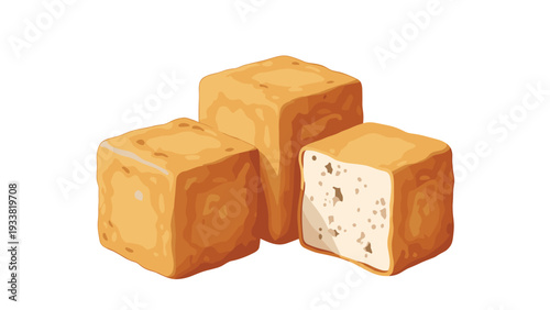 Three blocks of golden brown deep-fried tofu also known as aburaage with one block cut open to show the soft white inside for cooking.