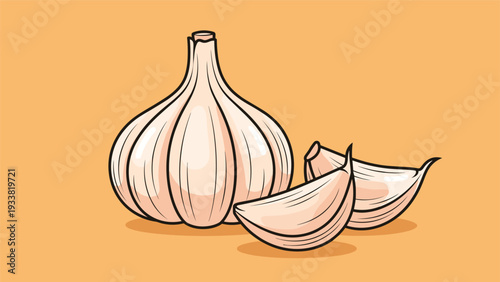 Large bulb of fresh white garlic with several cloves separated from the main head on an orange background for kitchen use.