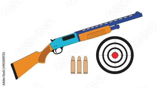 Pump-action shotgun in blue and orange colors with three shells and a bullseye target for shooting sport or hunting theme.