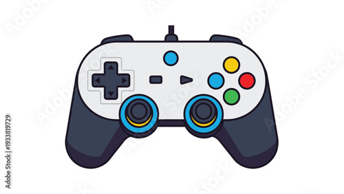 Modern white and dark blue video game controller with multi-colored buttons and analog sticks for gaming and entertainment.