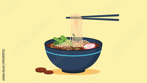 Japanese ramen noodle soup served in a deep blue bowl with savory broth, sliced pork, boiled egg, and bamboo shoots.