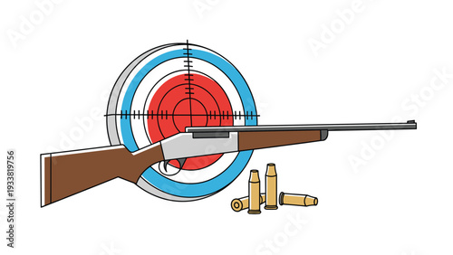 Sport shooting equipment featuring a long rifle placed in front of a colorful circular target and several brass bullets.