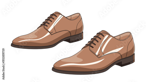 Pair of elegant brown leather men-s dress shoes with a polished glossy finish and dark laces shown from a side angle.