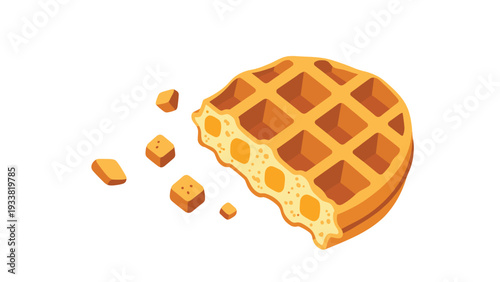 Golden brown belgian waffle with broken pieces showing the soft interior texture of the sweet baked breakfast pastry.