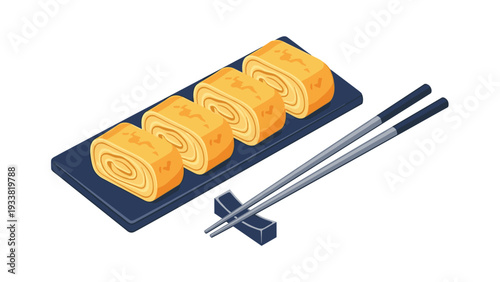 Traditional Japanese tamagoyaki rolled omelet slices served on a dark rectangular plate with a pair of wooden chopsticks.