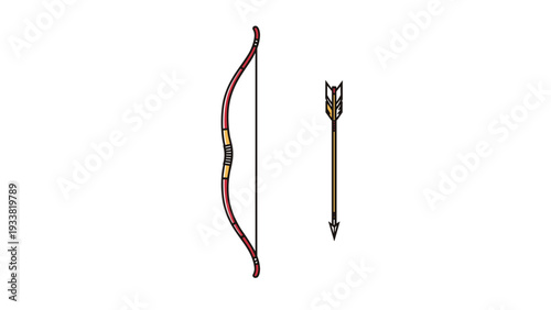 Traditional wooden longbow and a single feathered arrow set vertically against a plain white background for archery sports.