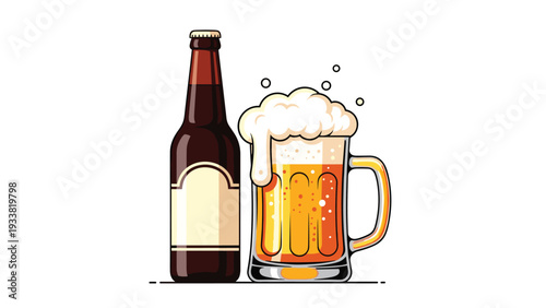 Brown glass beer bottle standing next to a large glass mug filled with golden ale and a thick head of white frothy foam.