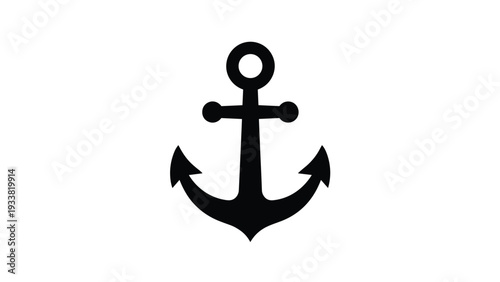 Solid black silhouette of a nautical ship anchor isolated on a plain white background for maritime and naval design.