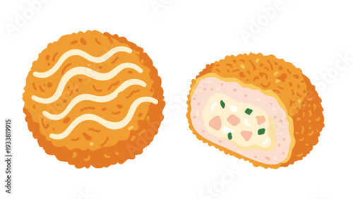 Crispy deep fried Japanese menchi katsu meat patties shown as a whole piece and a half revealing the savory filling.