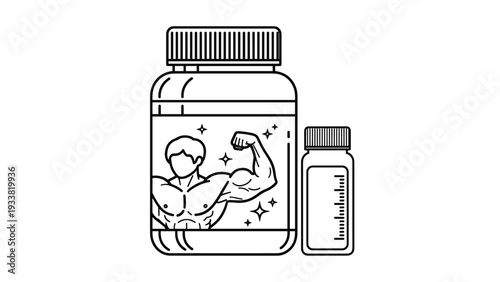 Black and white line art illustration of a large protein supplement jar and a measuring bottle for fitness training.