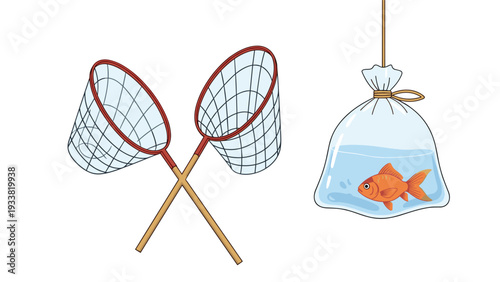 Crossed bamboo fishing nets and a bright orange goldfish swimming in a water-filled plastic bag from a summer festival.