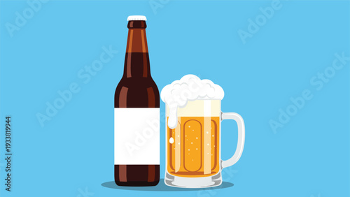 Cold glass of beer with thick white foam standing next to a brown bottle with a blank white label on a blue background.