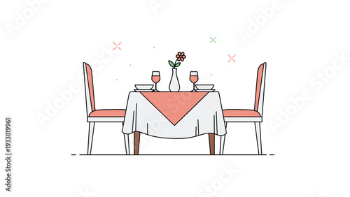 Romantic dinner table set for two people featuring a white tablecloth, pink accents, wine glasses, and a fresh flower.