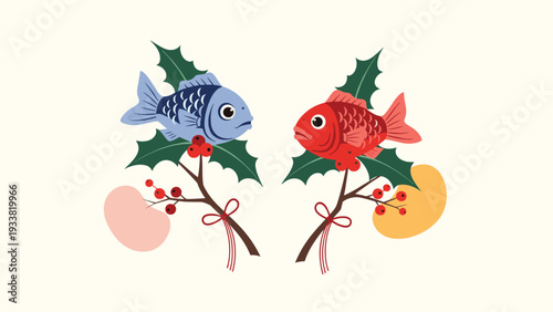 Decorative blue and red fish figurines attached to branches with green holly leaves and red berries for a celebration.