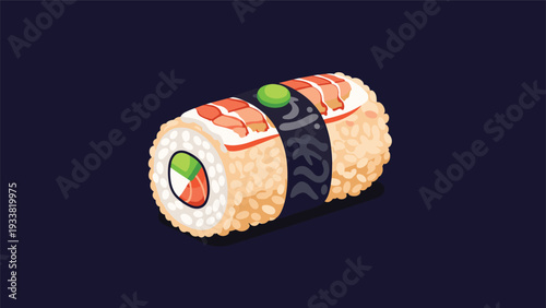 Delicious gourmet japanese sushi roll with rice, seaweed, fish, and vegetable fillings topped with fresh shrimp and wasabi.