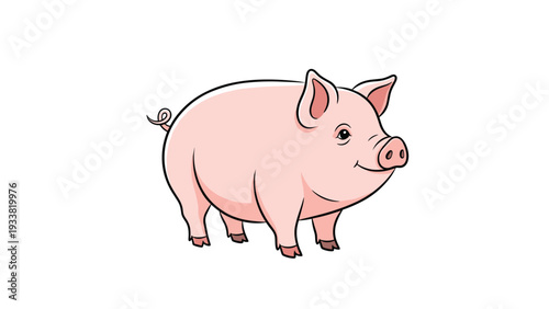 Cute pink domestic pig standing sideways showing its curly tail and friendly face in a simple clean illustration.