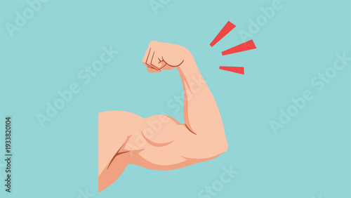 Muscular human arm flexing to show strength and power with red speed lines against a light blue background for fitness and health themes.