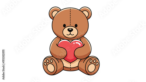 Cute brown teddy bear sitting down and hugging a large red heart for a warm and loving expression of affection or valentines day message.