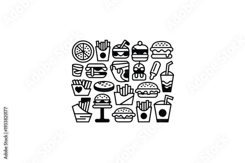 Food icon set with various fast food items and drinks