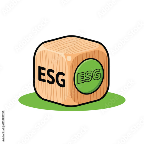 A wooden dice with ESG text on its sides, representing sustainability and corporate responsibility, viewed from the front.