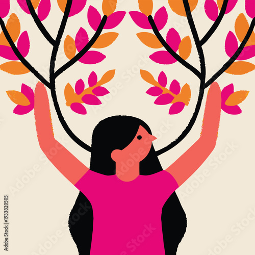 Minimal modern vector illustration of a woman silhouette growing like a tree, branches rising from her shoulders in soft pastel tones, clean flat design on white background, symbolizing growth.