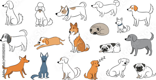 Cute cartoon dog set with different breeds and poses, playful puppies and sleeping dogs, hand drawn pet illustration collection