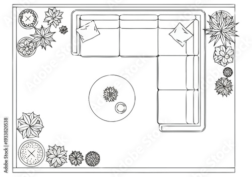 Top Down View Of A Modern Living Room Layout With Sectional Sofa Accent Table And Potted Plants Arranged For Optimal Flow furniture icons interior