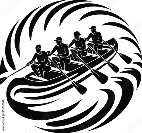 Black and white vector silhouette of four person rowing team paddling boat through swirling waves, symbolizing teamwork, competitive water sport and adventure