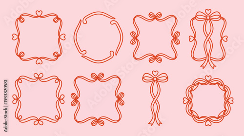 A collection of eight intricate coral red decorative frames featuring bows and scrollwork, ideal for invitations, scrapbooking and graphic design.