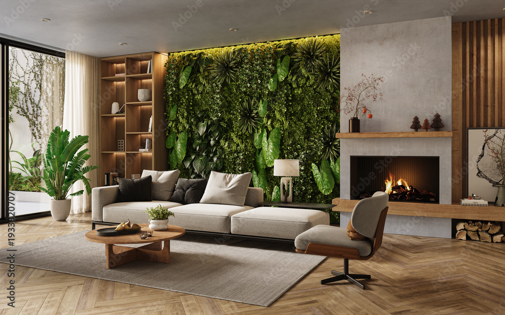 Fototapeta premium Vertical Green Wall in modern living room interior, 3d render