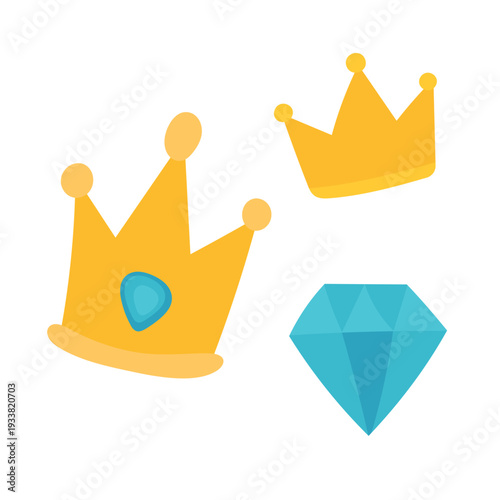 Golden crown with blue gemstone and royal accents, luxury monarchy symbol illustration for birthday parties, fairy tale themes and regal branding