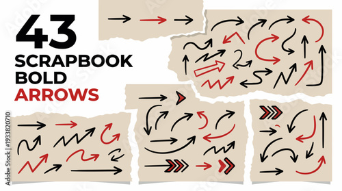 Forty-three bold scrapbook arrows on kraft paper background for design, journaling, and layout projects