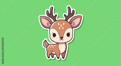 Adorable cartoon deer with antlers standing on green background illustration