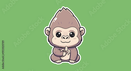 Adorable cartoon monkey sitting and smiling with finger on lips illustration on green background from front view