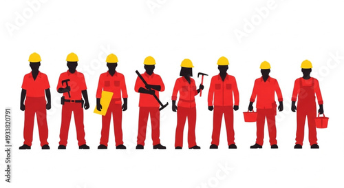 Construction Workers in Red Uniforms.