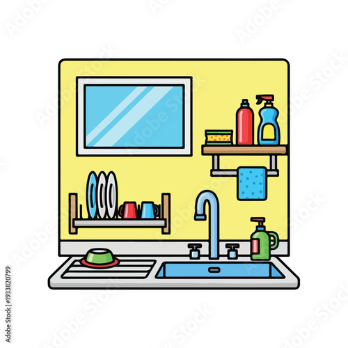A kitchen sink area illustration with soap, sponge, and cleaning supplies on a yellow background viewed directly