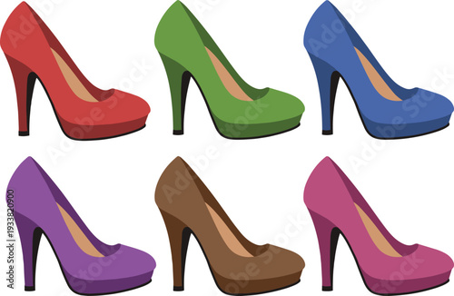 "Collection of six colorful platform stiletto high heel shoes with closed toes and black lining, vibrant fashion footwear illustration for design, retail, and marketing concepts"