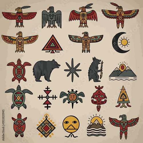 Collection of Traditional Tribal Symbols and Motifs Featuring Animals, Mythology, and Nature Elements in Various Designs and Patterns