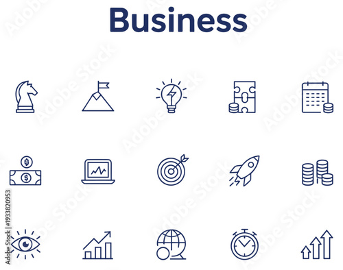 Business line icons set vector illustration, finance strategy growth marketing outline collection isolated on white background