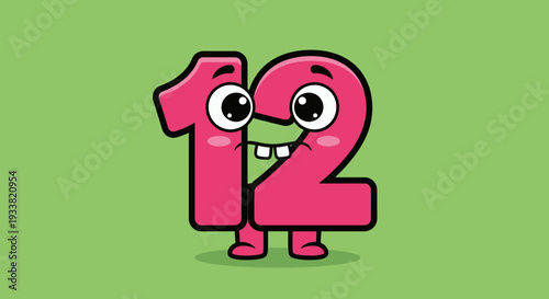 Cartoon number twelve illustration with smiling face on green background viewed from front side