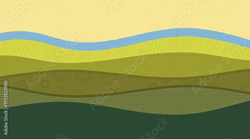 Abstract layered landscape featuring wavy hills in yellow, blue, and green tones, a calm geometric design