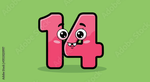 A cartoon number fourteen character standing on a green background is viewed directly from the front.