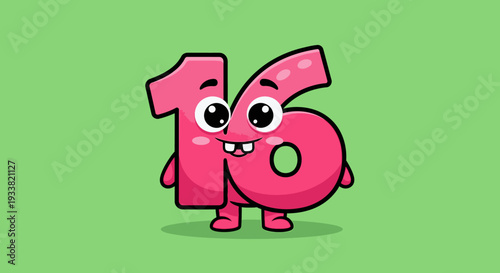 A cartoon character in the shape of the number sixteen standing alone on a green field viewed from the front clearly.