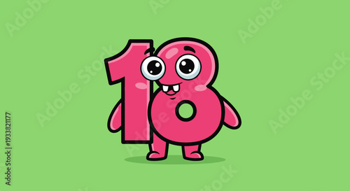 A cartoon number eighteen with a face and legs on a green background viewed from front perspective